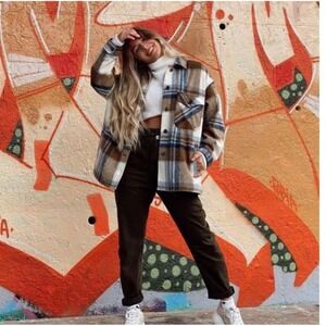 Zara Italian Fabric Plaid Shacket Oversized Brown Blue XL 8741/223 Wool Blend